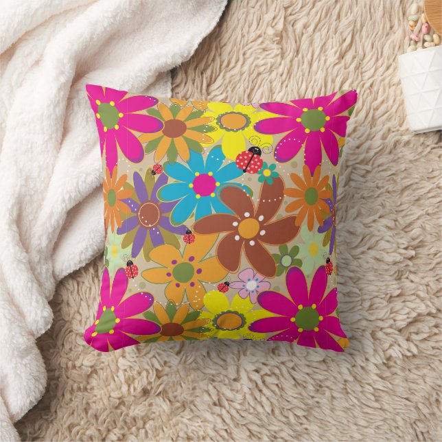 Groovy 70s Hippie Floral Retro Flower Power Throw Pillow (Blanket)