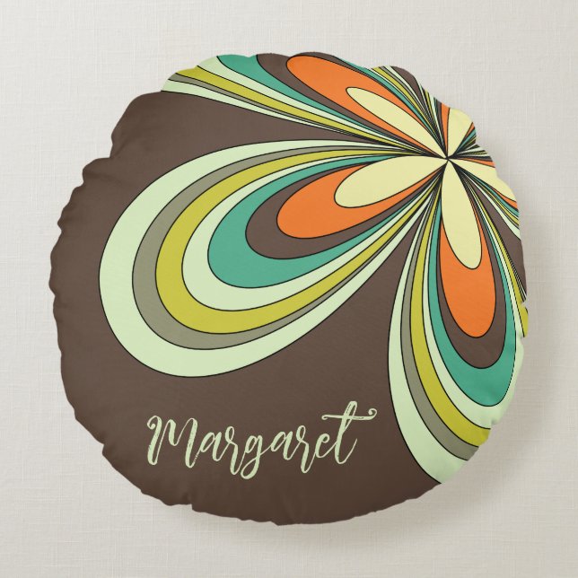 Groovy 70s Hippie Flower Brown Retro Daisy Name Round Pillow (Front)