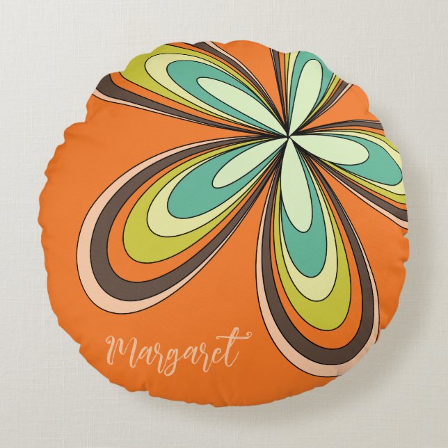 Groovy 70s Hippie Flower  Orange Retro Daisy Name Round Pillow (Front)