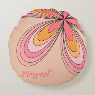 Groovy 70s Hippie Flower Peach Fuzz Daisy Name Round Pillow