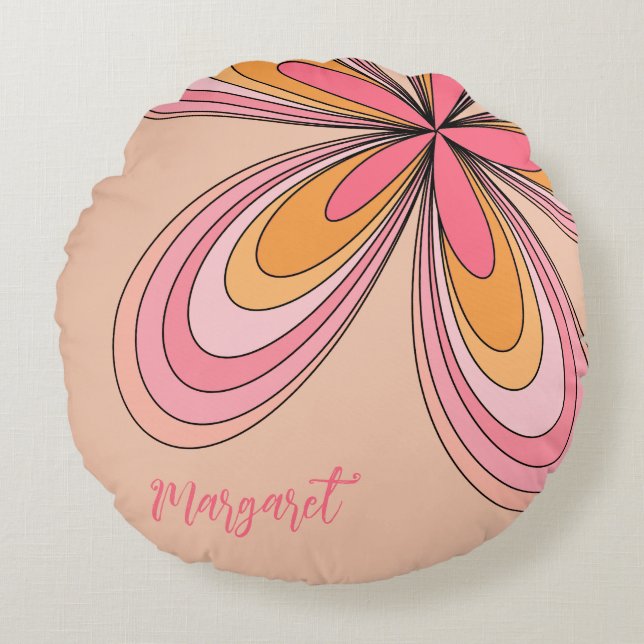 Groovy 70s Hippie Flower Peach Fuzz Daisy Name Round Pillow (Front)
