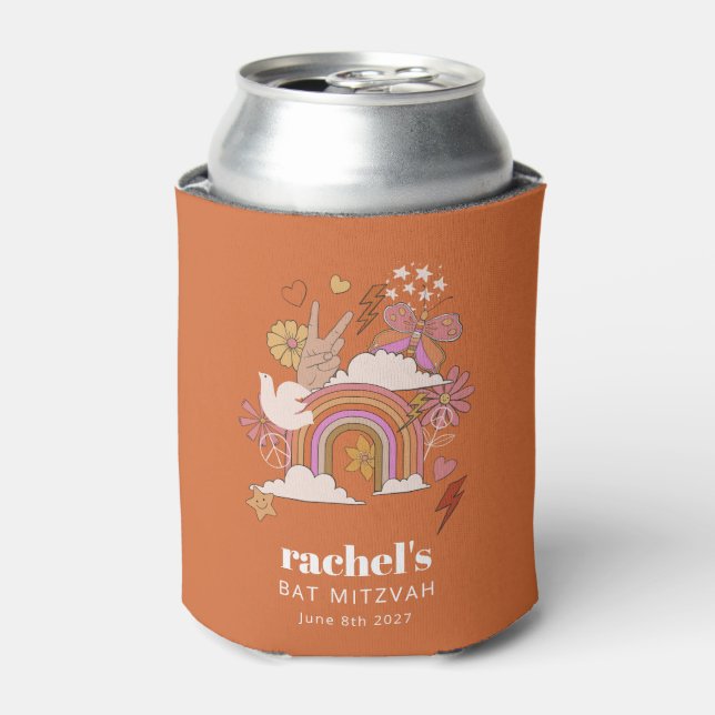 Groovy 70s Hippie Peace Orange Bat Mitzvah Custom Can Cooler (Can Front)
