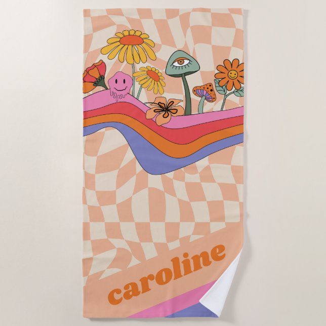 Groovy 70s Mushroom Flower Personalized Peach  Beach Towel (Front)