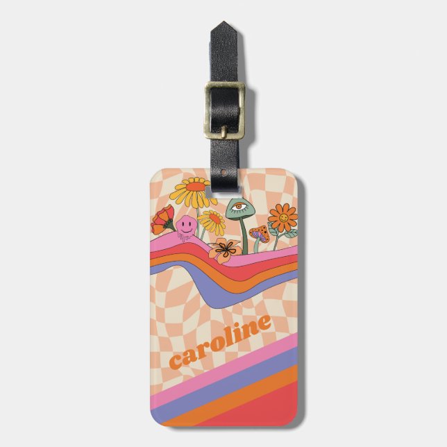 Groovy 70s Mushroom Flower Personalized Peach  Luggage Tag (Front Vertical)