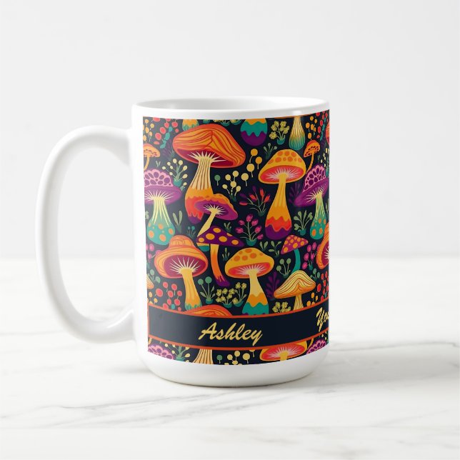 Groovy 70s Mushrooms Pattern Personalized  Coffee Mug (Left)