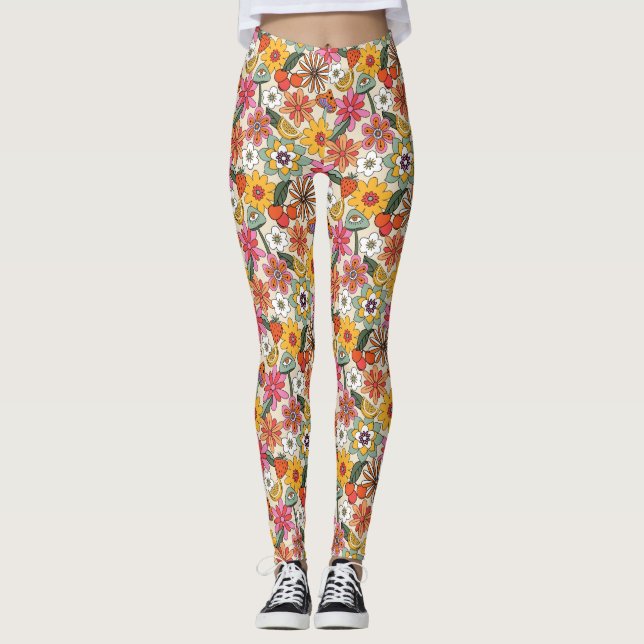 Groovy 70's, Orange, Pink, & Green Floral Leggings (Front)
