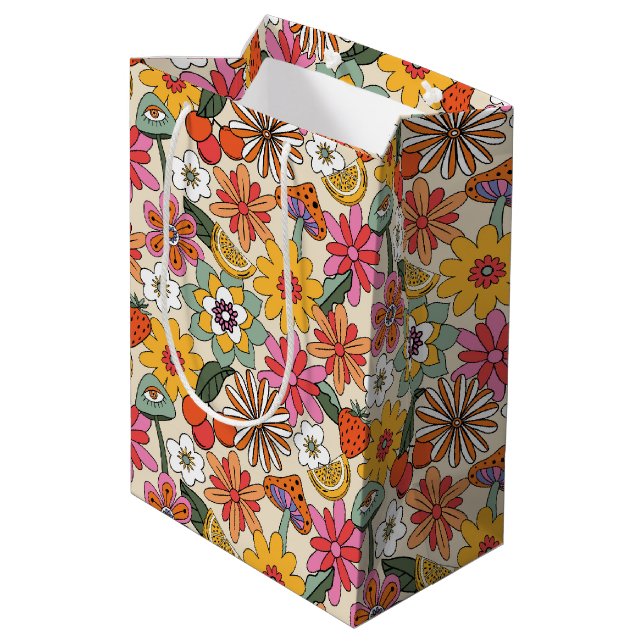 Groovy 70's, Orange, Pink, & Green Floral Medium Gift Bag (Back Angled)