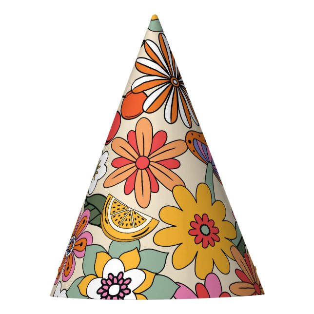 Groovy 70's, Orange, Pink, & Green Floral Party Hat (Front)