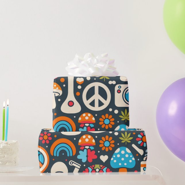 Groovy 70s Pattern With Peace Signs and Mushrooms Wrapping Paper (Party Gifts)