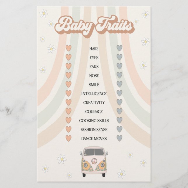 groovy 70s retro baby shower game baby traits game (Front)