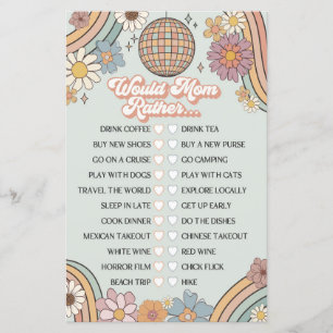 groovy 70s retro baby shower game would mom rather
