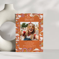Groovy 70s Retro Hippie Peace Orange Grad Photo Invitation