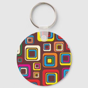 Groovy 70s Tile Pattern Squares On Brown Keychain