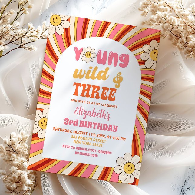 Groovy 70's Young Wild and Three 3rd Birthday Invitation (Creator Uploaded)