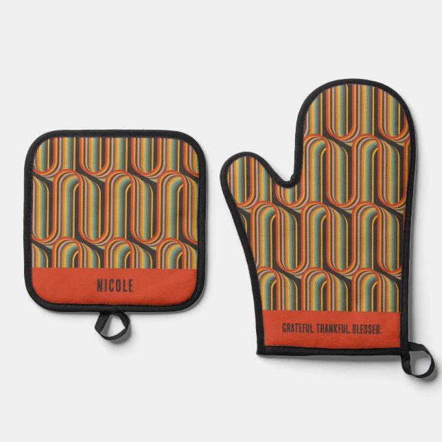 Groovy Abstract Grateful Thankful Blessed Oven Mitt & Pot Holder Set (Front)