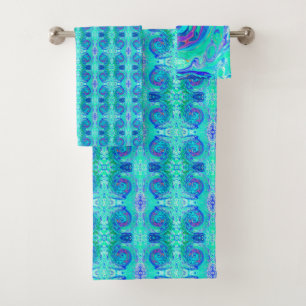 Groovy Abstract Ocean Blue and Green Liquid Swirl Bath Towel Set