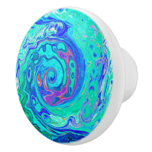 Groovy Abstract Ocean Blue and Green Liquid Swirl Ceramic Knob