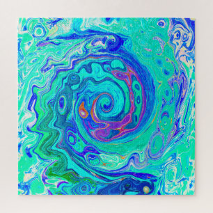 Groovy Abstract Ocean Blue and Green Liquid Swirl Jigsaw Puzzle