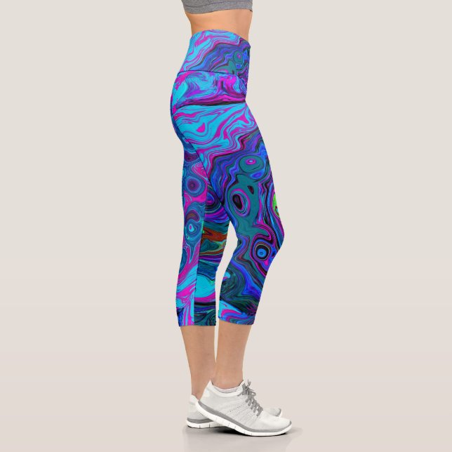 Groovy Abstract Retro Blue and Purple Swirl Capri Leggings (Right)
