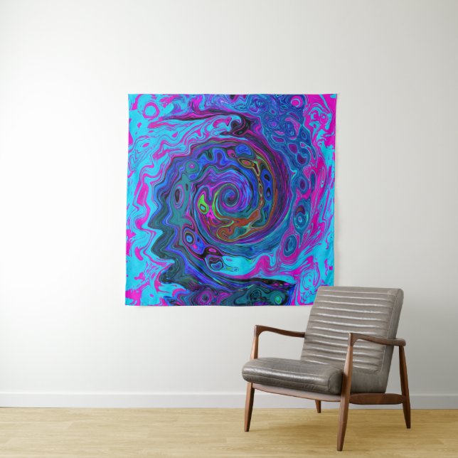 Groovy Abstract Retro Blue and Purple Swirl Tapestry (In Situ)