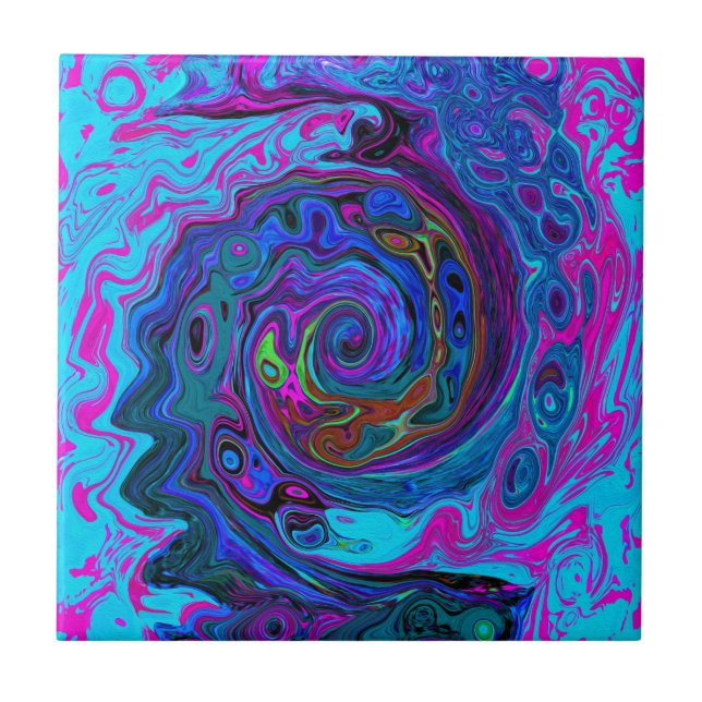 Groovy Abstract Retro Blue and Purple Swirl Tile (Front)
