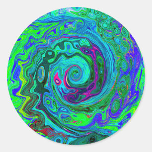 Groovy Abstract Retro Green and Blue Swirl Classic Round Sticker