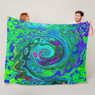 Groovy Abstract Retro Green and Blue Swirl Fleece Blanket