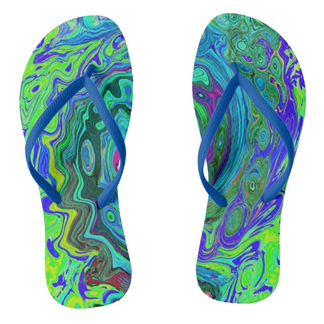 Groovy Abstract Retro Green and Blue Swirl Flip Flops (Footbed)
