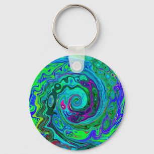 Groovy Abstract Retro Green and Blue Swirl Keychain