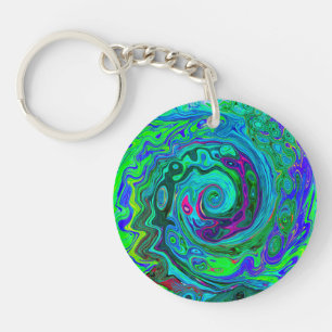 Groovy Abstract Retro Green and Blue Swirl Keychain
