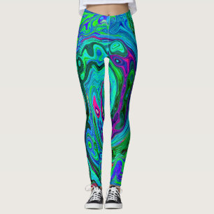 Groovy Abstract Retro Green and Blue Swirl Leggings