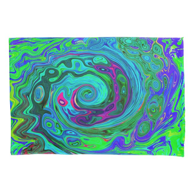 Groovy Abstract Retro Green and Blue Swirl Pillowcase (Front)