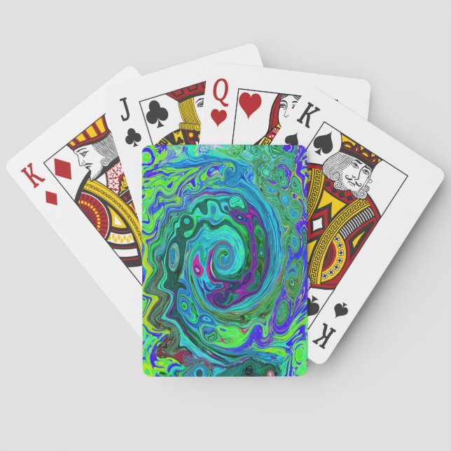 Groovy Abstract Retro Green and Blue Swirl Playing Cards (Back)