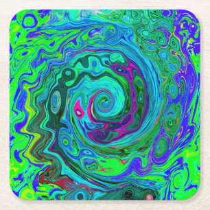 Groovy Abstract Retro Green and Blue Swirl Square Paper Coaster