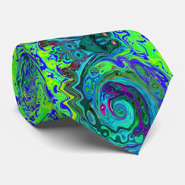 Groovy Abstract Retro Green and Blue Swirl Tie (Rolled)