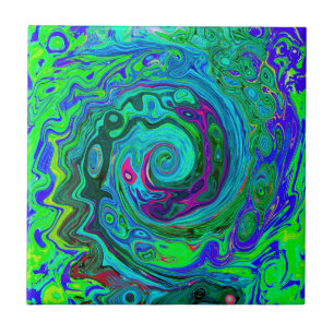 Groovy Abstract Retro Green and Blue Swirl Tile