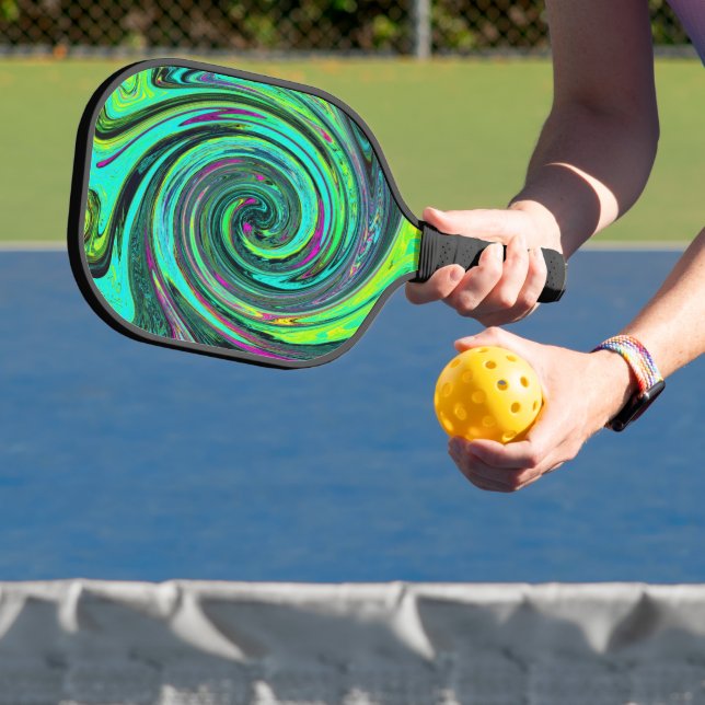 Groovy Abstract Retro Green and Magenta Swirl Pickleball Paddle (Insitu)