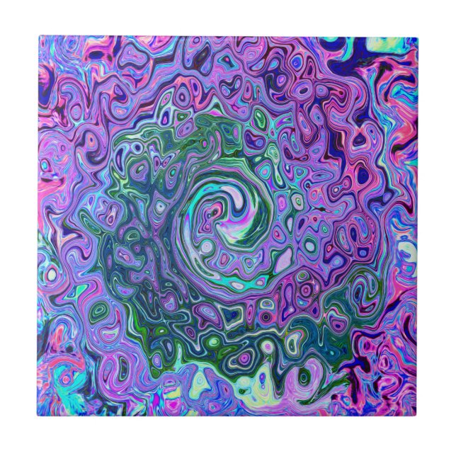 Groovy Abstract Retro Green and Purple Swirl Tile (Front)