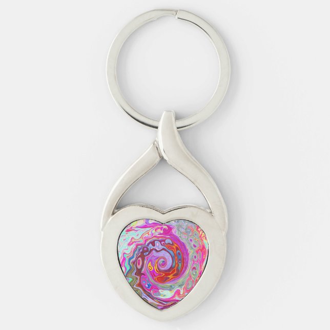 Groovy Abstract Retro Hot Pink and Blue Swirl Keychain (Front)