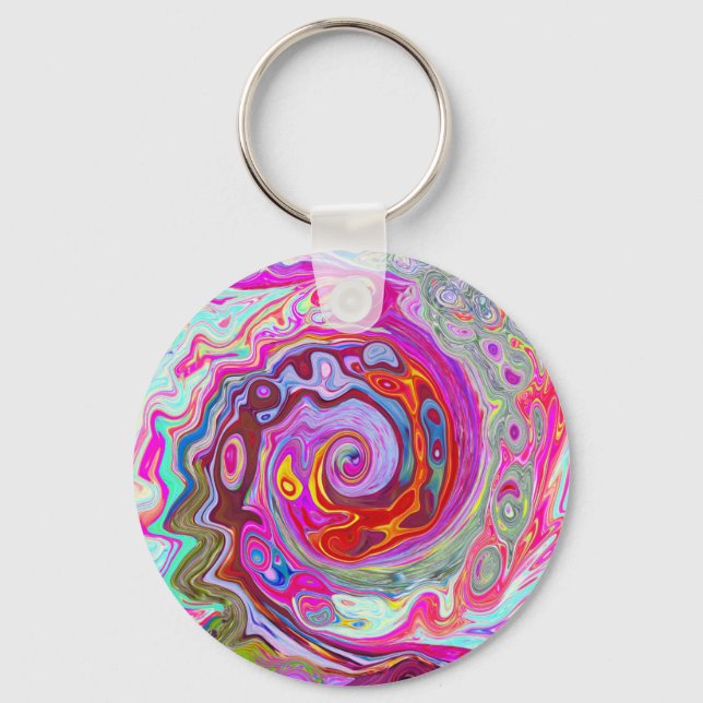 Groovy Abstract Retro Hot Pink and Blue Swirl Keychain (Front)