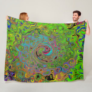 Groovy Abstract Retro Lime Green and Blue Swirl Fleece Blanket