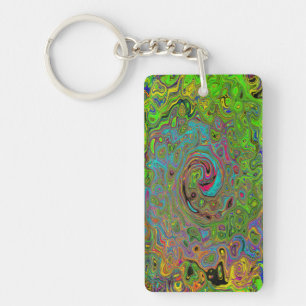 Groovy Abstract Retro Lime Green and Blue Swirl Keychain