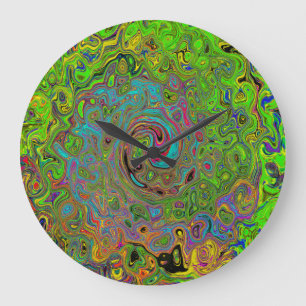 Groovy Abstract Retro Lime Green and Blue Swirl Large Clock