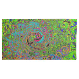 Groovy Abstract Retro Lime Green and Blue Swirl Pillowcase
