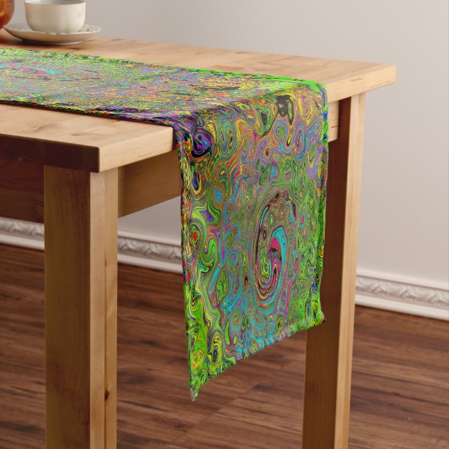 Groovy Abstract Retro Lime Green and Blue Swirl Short Table Runner (In Situ)