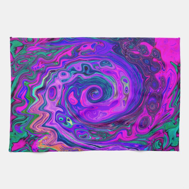 Groovy Abstract Retro Magenta and Purple Swirl Kitchen Towel (Horizontal)