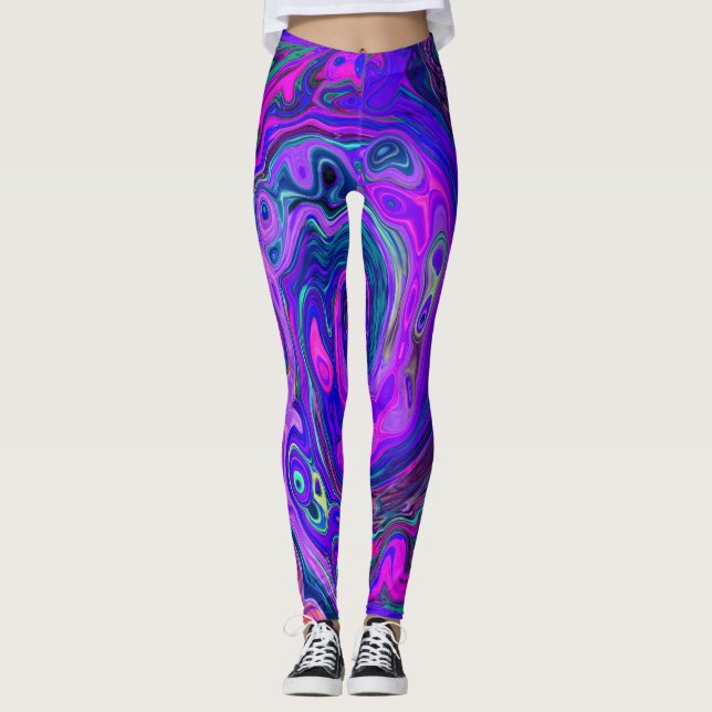 Groovy Abstract Retro Magenta and Purple Swirl Leggings (Front)