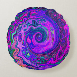 Groovy Abstract Retro Magenta and Purple Swirl Round Pillow