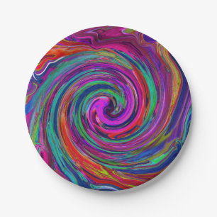 Groovy Abstract Retro Magenta Dark Rainbow Swirl Paper Plate