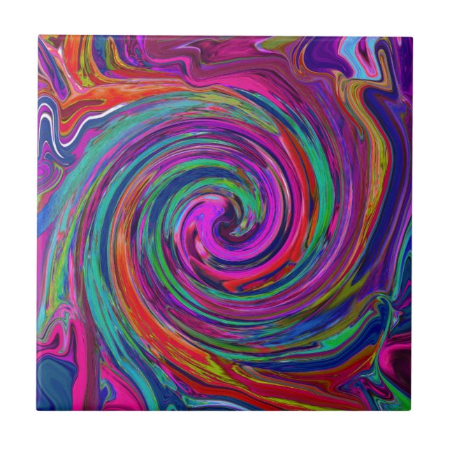 Groovy Abstract Retro Magenta Dark Rainbow Swirl Tile (Front)